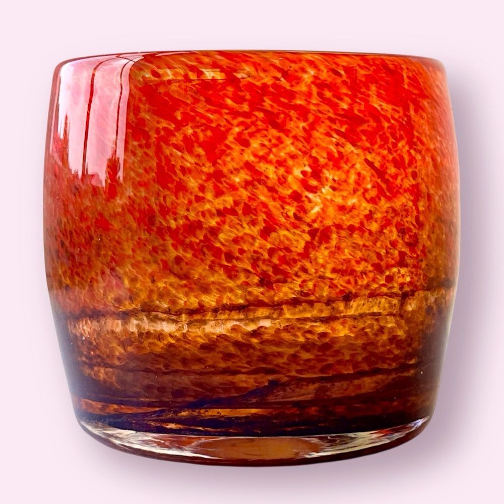 Art Glass Candle Holder Red Orange Swirl Handcrafted